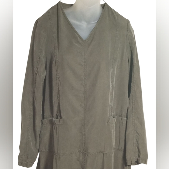 Shukr Olive Green Lyocell Maxi Dress Long Sleeve Modest Pocket V-Neck Medium - Picture 3 of 7
